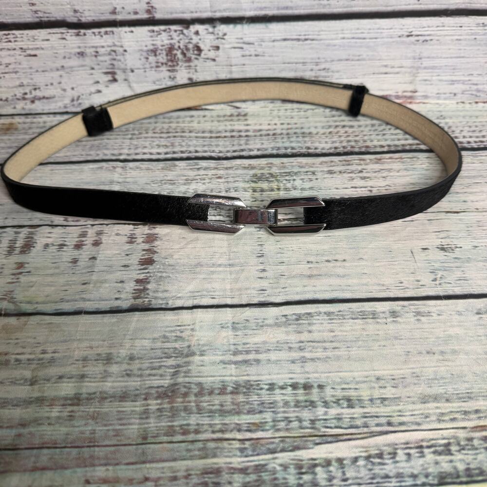 White House Black Market WHBM Black Haircalf Leather Belt XS/S Silver Buckle